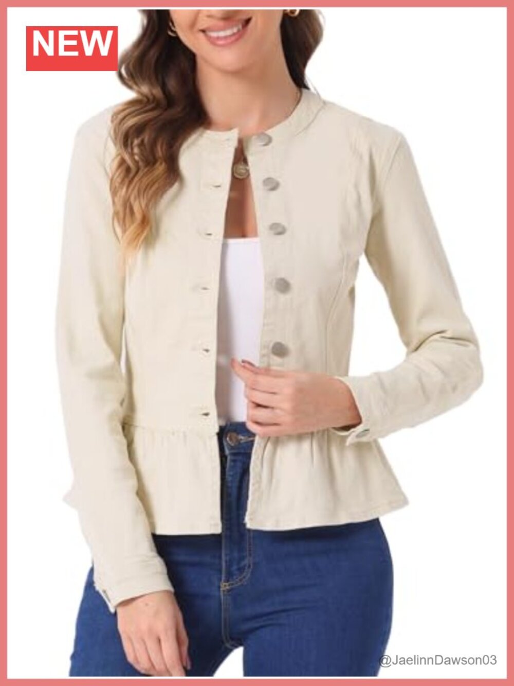 Peplum Denim Jacket Collarless Ruffle Hem Puff Sleeve Women's